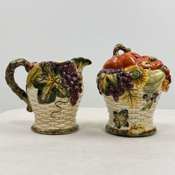 Vintage Ceramic Fall Harvest Creamer & Sugar Bowl Set Thanksgiving Tableware - Picture 3 of 14